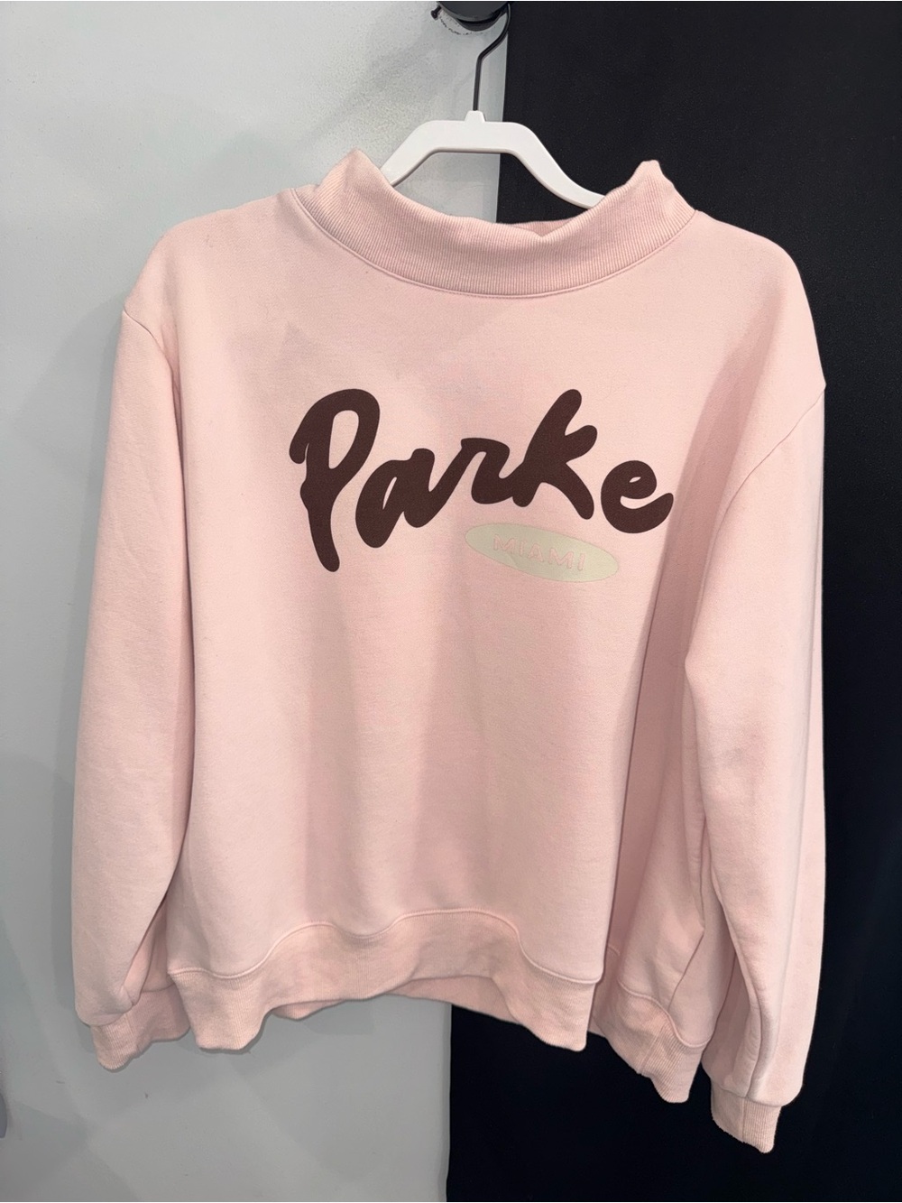 PARKE Miami Fleece Mock Neck Sweatshirt in the light pink colorway (L/XL)
